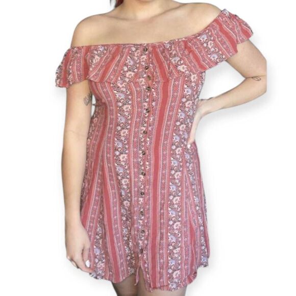 AMERICAN EAGLE OUTFITTERS PINK/BRICK FLORAL OFF-THE-SHOULDER DRESS SZ.XS EUC. - Picture 1 of 6